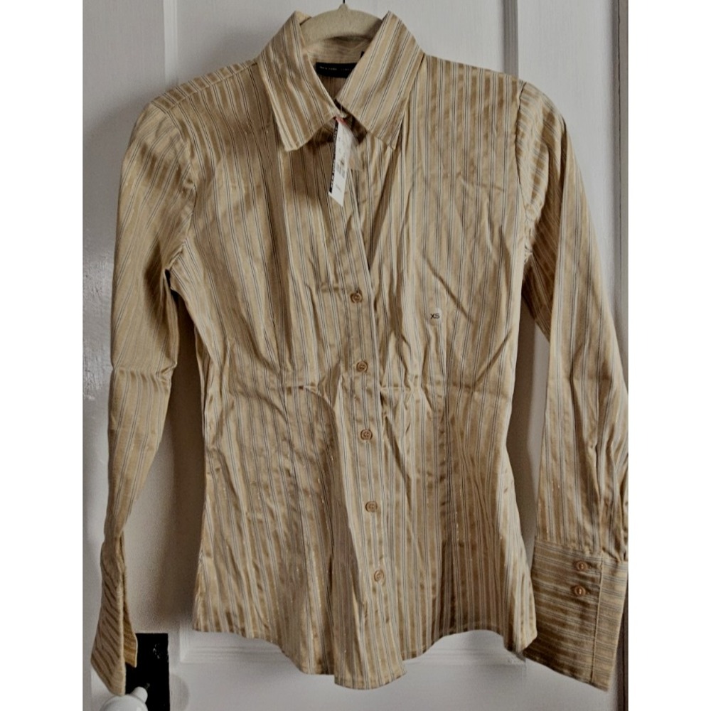 NWT NEW YORK & COMPANY stretch woman Sz XS dress shirt‎ metallic beige stripe
